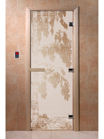 Дверь с рисунком "Березки" (каленое матовое стекло Сатин, 8мм, 1800х700 мм)