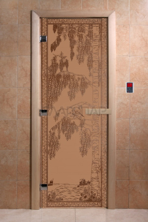 Дверь с рисунком "Березки" (каленое матовое стекло Бронза, 8мм, 2,0х0,8 мм) петли слева