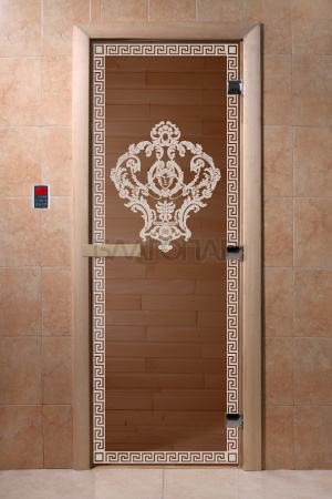 Дверь с рисунком «Версаче» (алюминиевая коробка,каленое прозрачное стекло бронза 1900х700)
