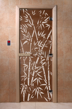 Дверь с рисунком "Бамбук и бабочки" (каленое прозрачное стекло Бронза, 8мм, 1900х700 мм)