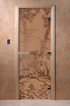 Дверь с рисунком "Мишки" (каленое матовое стекло Бронза, 8мм, 1900х700 мм)