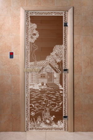 Дверь с рисунком "Банька в лесу" (каленое прозрачное стекло Бронза, 8мм, 1900х700 мм)