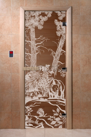 Дверь с рисунком "Мишки" (каленое прозрачное стекло Бронза, 8мм, 1900х700 мм)