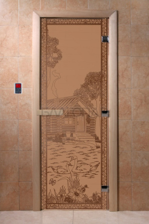 Дверь с рисунком "Банька в лесу" (каленое матовое стекло Бронза, 8мм, 2000х800 мм)