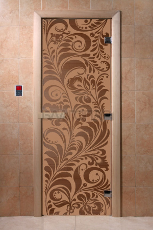 Дверь с рисунком «Хохлома» (каленое матовое стекло бронза 1900х700)