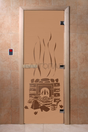 Дверь с рисунком "Банька" (каленое матовое стекло Бронза, 8мм, 2000х800 мм)