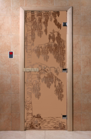 Дверь с рисунком "Березки" (каленое матовое стекло Бронза, 8мм, 1800х700 мм)