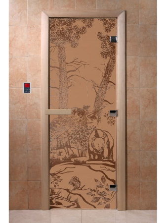 Дверь с рисунком "Мишки" (каленое матовое стекло Бронза, 8мм, 1700х700 мм)
