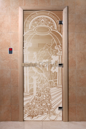 Дверь с рисунком "Жар-птица" (каленое прозрачное стекло Бронза, 8мм, 1900х700 мм)