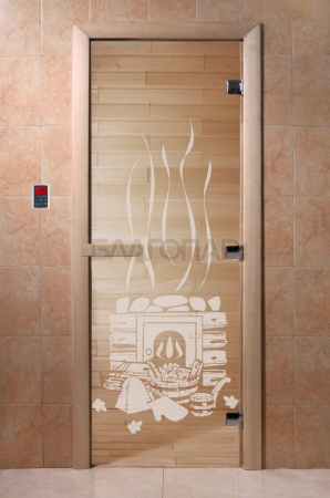 Дверь с рисунком "Банька" (каленое прозрачное стекло Бронза, 8мм, 1900х800 мм)