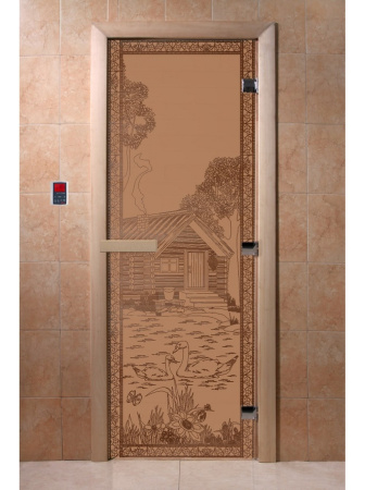 Дверь с рисунком "Банька в лесу" (каленое матовое стекло Бронза, 8мм, 1700х700 мм)