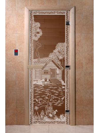 Дверь с рисунком "Банька в лесу" (каленое прозрачное стекло Бронза, 8мм, 2000х800 мм)