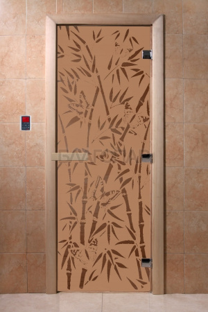 Дверь с рисунком "Бамбук и бабочки" (каленое матовое стекло Бронза, 8мм, 1900х700 мм)