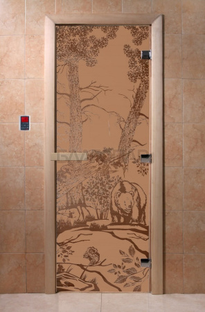 Дверь с рисунком "Мишки" (каленое матовое стекло Бронза, 8мм, 2000х800 мм)